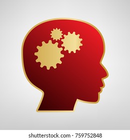 Thinking head sign. Vector. Red icon on gold sticker at light gray background.