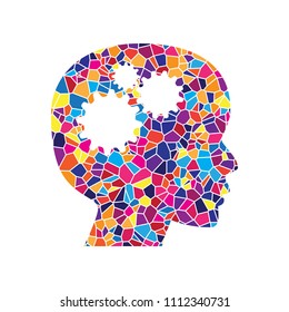 Thinking head sign. Vector. Stained glass icon on white background. Colorful polygons. Isolated.