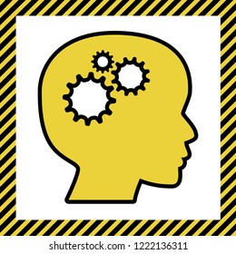 Thinking head sign. Vector. Warm yellow icon with black contour in frame named as under construction at white background. Isolated.