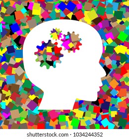 Thinking head sign. Vector. White icon on colorful background with seamless pattern from squares.