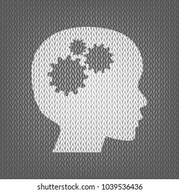 Thinking head sign. Vector. White knitted icon on gray knitted background. Isolated.