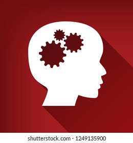 Thinking Head Sign. Vector. White Icon With Limitless Shadow At Ruby Red Background.