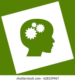 Thinking head sign. Vector. White icon obtained as a result of subtraction rotated square and path. Avocado background.
