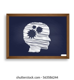 Thinking head sign. White chalk icon on blue school board with shadow as background. Isolated.