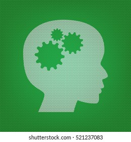 Thinking head sign. white icon on the green knitwear or woolen cloth texture.