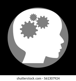 Thinking head sign. White icon in gray circle at black background. Circumscribed circle. Circumcircle.