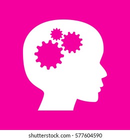 Thinking head sign. White icon at magenta background.