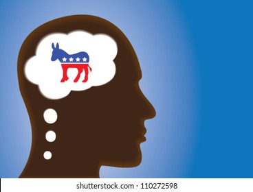 Thinking Head - silhouette thinking of Democratic Political party symbol of United States of America in thought bubble.