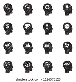 Thinking Heads Icons. Black Scribble Design. Vector Illustration.