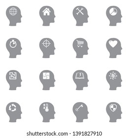 Thinking Heads Icons. Set 2. Gray Flat Design. Vector Illustration.
