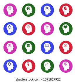Thinking Heads Icons. Set 2. White Flat Design In Circle. Vector Illustration.