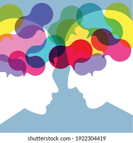 Thinking heads man and woman. Speech bubbles. Vector ilustration. 