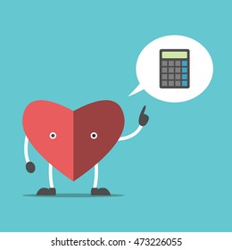 Thinking heart character with calculator in speech bubble. Logic, feeling and intuition concept. Flat design. EPS 8 vector illustration, no transparency