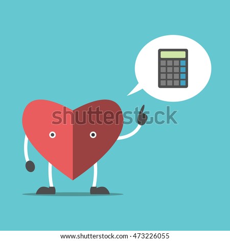 Thinking heart character with calculator in speech bubble. Logic, feeling and intuition concept. Flat design. EPS 8 vector illustration, no transparency