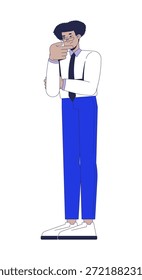 Thinking hispanic businessman with glasses 2D cartoon character. Problem solving. Pensive analyst. Corporate latino man rubbing chin flat vector person isolated on white. Spot illustration colorful