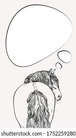 Thinking horse with long mane looks back, View from back with thought bubble, North Swedish Horse breed. Vector sketch, Hand drawn illustration