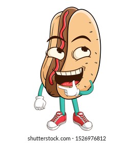 Thinking hot dog cartoon character with funny smile face