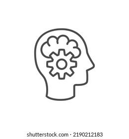 Thinking icon in line style. Editable stroke. Black isolated outline icon of head of man and cogwheel on white background. Line icon of head and gear wheel.