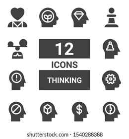 thinking icon set. Collection of 12 filled thinking icons included Mind, Thinking, Think, Pawn, Mindfulness, Mental health