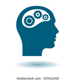 Thinking icon.  Silhouette of gear in head 