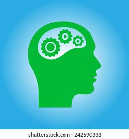 Thinking icon.  Silhouette of gear in head 