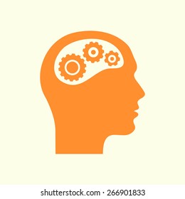 Thinking icon.  Silhouette of gear in head 