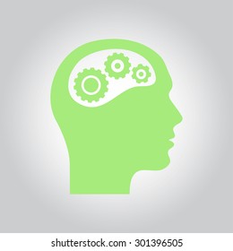 Thinking icon.  Silhouette of gear in head 