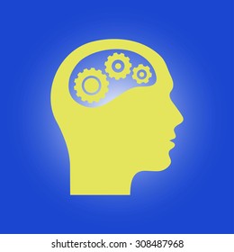 Thinking icon.  Silhouette of gear in head 