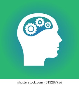 Thinking icon.  Silhouette of gear in head 
