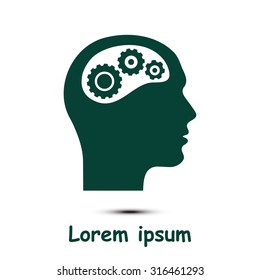 Thinking icon.  Silhouette of gear in head 