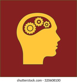 Thinking icon.  Silhouette of gear in head 