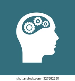 Thinking icon.  Silhouette of gear in head 