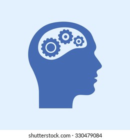 Thinking icon.  Silhouette of gear in head 