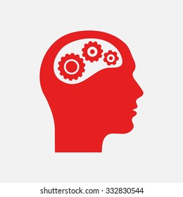 Thinking icon.  Silhouette of gear in head 