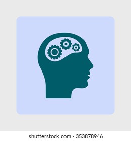 Thinking icon.  Silhouette of gear in head 