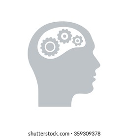 Thinking icon.  Silhouette of gear in head 
