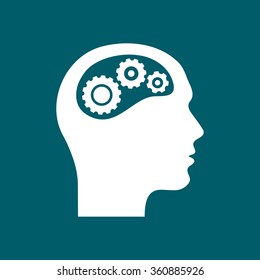 Thinking icon.  Silhouette of gear in head 