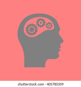 Thinking icon.  Silhouette of gear in head 