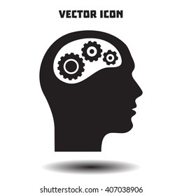 Thinking icon.  Silhouette of gear in head 
