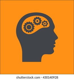 Thinking icon.  Silhouette of gear in head 
