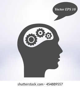 Thinking icon.  Silhouette of gear in head 