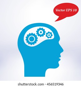 Thinking icon.  Silhouette of gear in head 