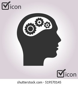 Thinking icon.  Silhouette of gear in head 