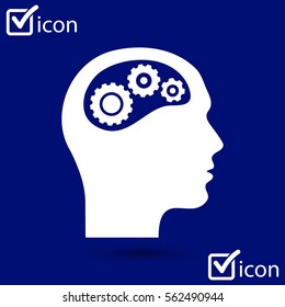 Thinking icon.  Silhouette of gear in head. Flat design style.