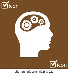 Thinking Icon.  Silhouette Of Gear In Head. Flat Design Style.