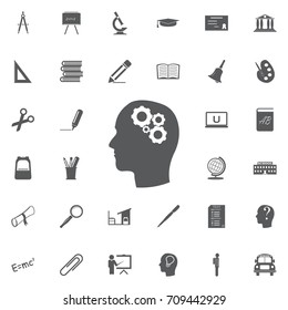 Thinking icon. Silhouette of gear in head. Flat design style. on white background Education set