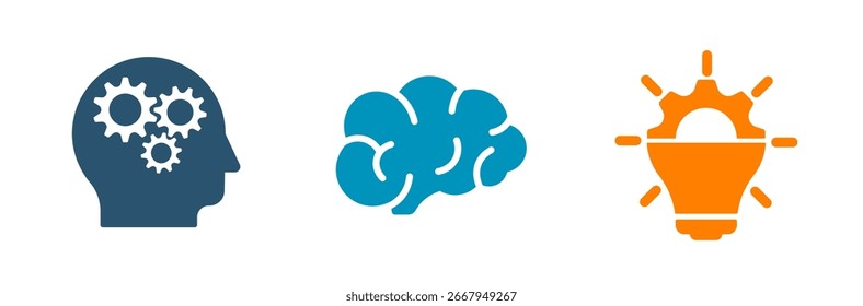 Denksymbole mit Symbolen für kritisches Denken, Gehirn, Kreativität, Idee.