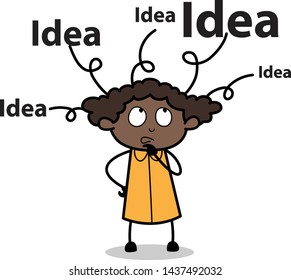 Thinking an Idea - Retro Black Office Girl Cartoon Vector Illustration