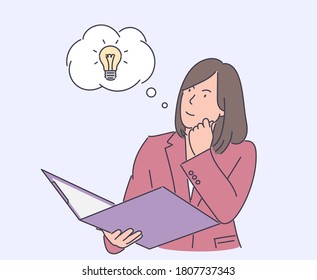 Thinking, idea, success, business concept. Young happy business woman creation of idea, problem or trouble solution and brainstorming. Hand drawn style vector design illustrations.