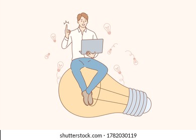 Thinking, idea, success, search, business concept. Young happy smiling businessman guy clerk manager character sitting on light bulb. Creation of idea, problem or trouble solution and brainstorming.